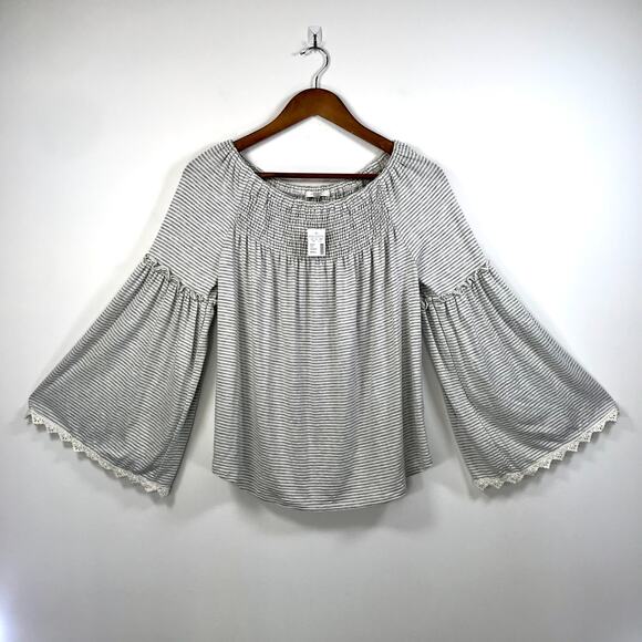 Maurices Top Small Gray Striped Ruffle Flare Boho Rodeo Peasant Cottage Shirt - Picture 3 of 11